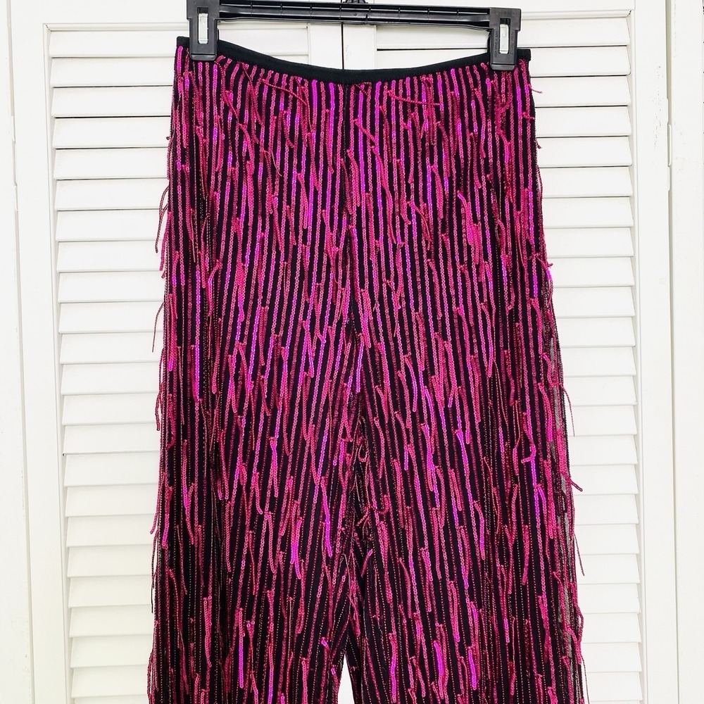Anthropologie Maeve Sz 0P Wide Leg Pants Fringe Sequin Festival Party Rave Pink